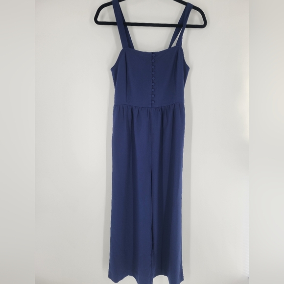 Madewell Navy Blue Cropped Wide Leg Smocked Jumpsuit With Pockets Size 0 - Picture 1 of 6